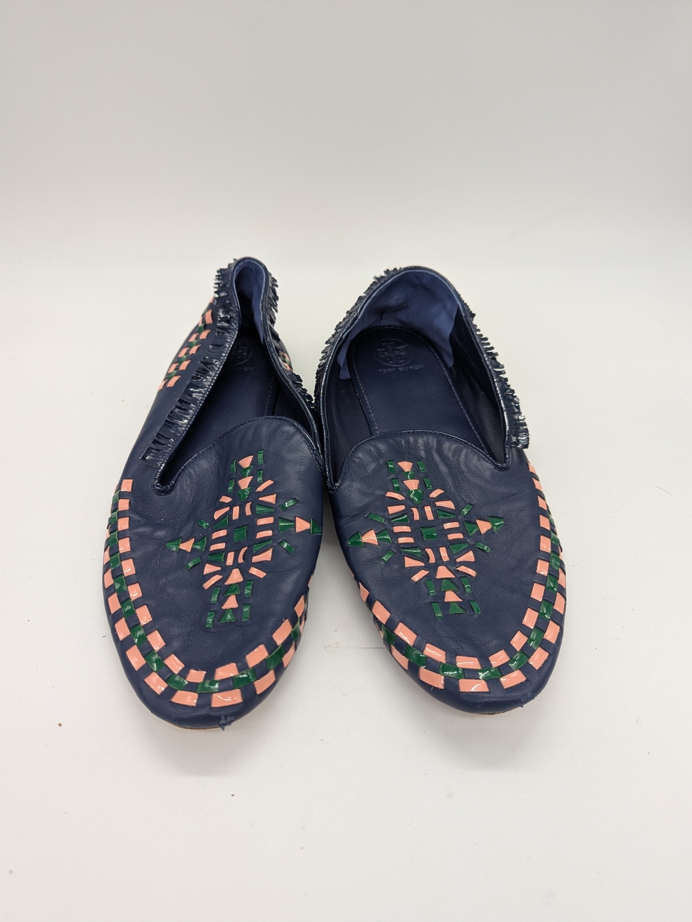 Tory Burch Loafers Women Size 9 Navy Blue Leather Woven Geometric Fringe Flats